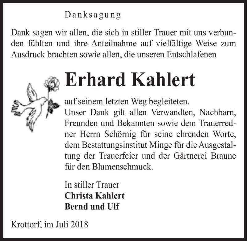  Traueranzeige für Erhard Kahlert  vom 28.07.2018 aus Magdeburger Volksstimme