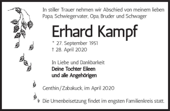 Traueranzeige von Erhard Kampf  von Magdeburger Volksstimme