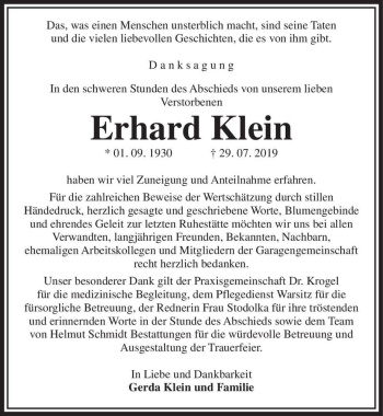 Traueranzeige von Erhard Klein  von Magdeburger Volksstimme