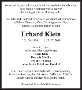 Traueranzeige von Erhard Klein  von Magdeburger Volksstimme