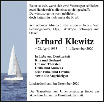 Traueranzeige von Erhard Klewitz  von Magdeburger Volksstimme