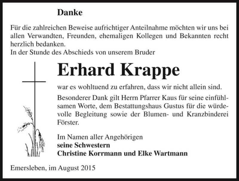  Traueranzeige für Erhard Krappe  vom 29.08.2015 aus Magdeburger Volksstimme