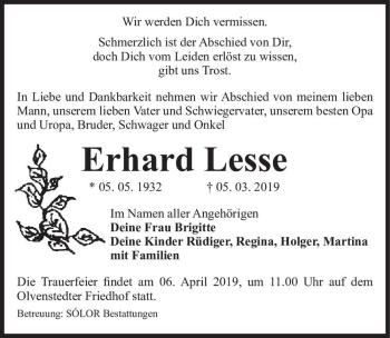 Traueranzeige von Erhard Lesse  von Magdeburger Volksstimme