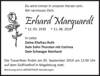 Traueranzeige von Erhard Marquardt  von Magdeburger Volksstimme