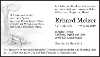 Traueranzeige von Erhard Melzer  von Magdeburger Volksstimme