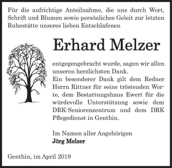 Traueranzeige von Erhard Melzer  von Magdeburger Volksstimme