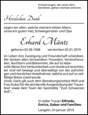 Traueranzeige von Erhard Mäntz  von Magdeburger Volksstimme