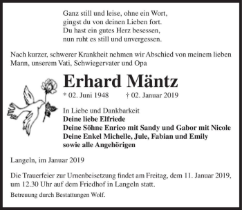 Traueranzeige von Erhard Mäntz  von Magdeburger Volksstimme