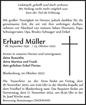 Traueranzeige von Erhard Müller  von Magdeburger Volksstimme