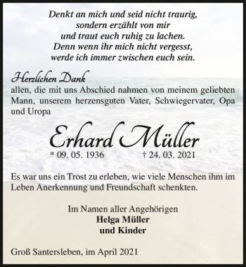 Traueranzeige von Erhard Müller  von Magdeburger Volksstimme