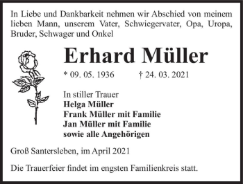 Traueranzeige von Erhard Müller  von Magdeburger Volksstimme