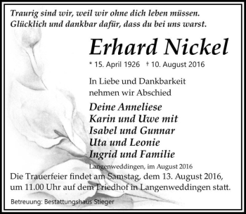 Traueranzeige von Erhard Nickel  von Magdeburger Volksstimme