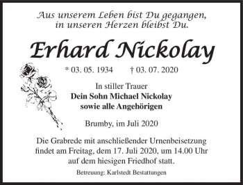 Traueranzeige von Erhard Nickolay  von Magdeburger Volksstimme