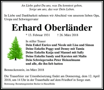 Traueranzeige von Erhard Oberländer  von Magdeburger Volksstimme