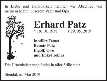 Traueranzeige von Erhard Patz  von Magdeburger Volksstimme