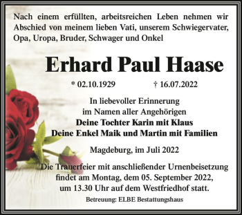 Traueranzeige von Erhard Paul Haase  von Magdeburger Volksstimme