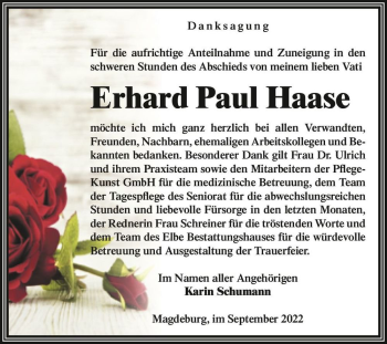 Traueranzeige von Erhard Paul Haase  von Magdeburger Volksstimme