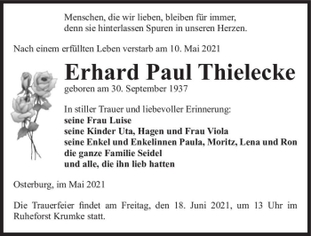 Traueranzeige von Erhard Paul Thielecke  von Magdeburger Volksstimme