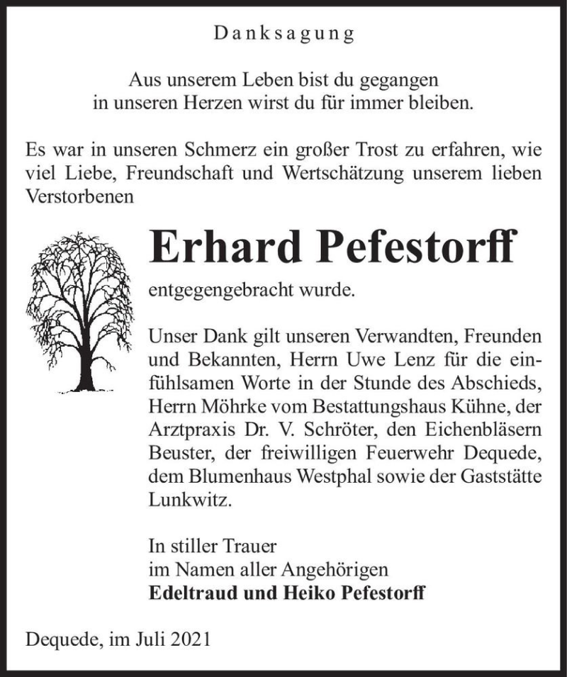  Traueranzeige für Erhard Pefestorff  vom 17.07.2021 aus Magdeburger Volksstimme