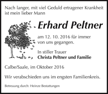 Traueranzeige von Erhard Peltner  von Magdeburger Volksstimme