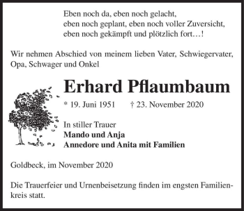 Traueranzeige von Erhard Pflaumbaum  von Magdeburger Volksstimme