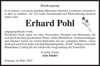 Traueranzeige von Erhard Pohl  von Magdeburger Volksstimme