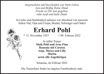 Traueranzeige von Erhard Pohl  von Magdeburger Volksstimme