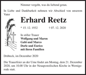 Traueranzeige von Erhard Reetz  von Magdeburger Volksstimme