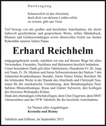 Traueranzeige von Erhard Reichhelm  von Magdeburger Volksstimme
