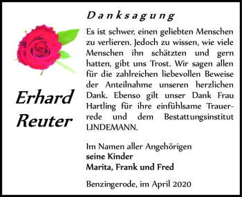 Traueranzeige von Erhard Reuter  von Magdeburger Volksstimme