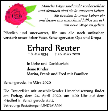 Traueranzeige von Erhard Reuter  von Magdeburger Volksstimme