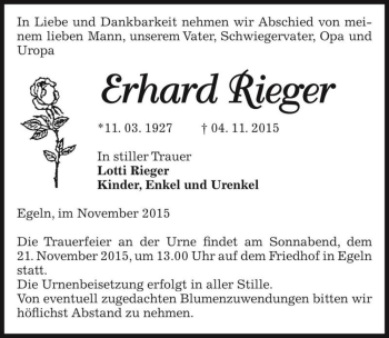 Traueranzeige von Erhard Rieger  von Magdeburger Volksstimme