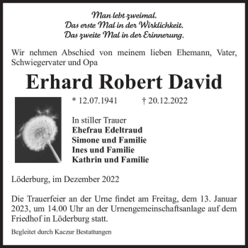 Traueranzeige von Erhard Robert David  von Magdeburger Volksstimme