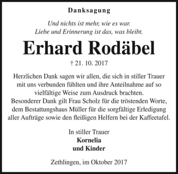 Traueranzeige von Erhard Rodäbel  von Magdeburger Volksstimme