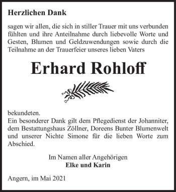 Traueranzeige von Erhard Rohloff  von Magdeburger Volksstimme