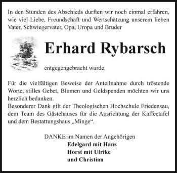 Traueranzeige von Erhard Rybarsch  von Magdeburger Volksstimme