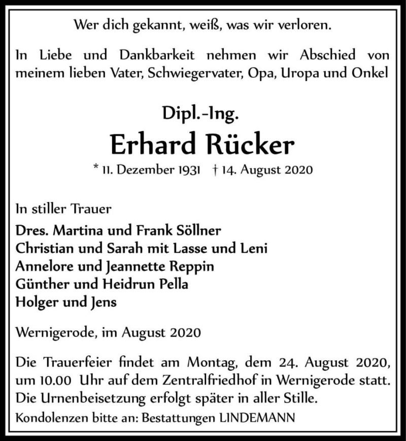  Traueranzeige für Erhard Rücker  vom 19.08.2020 aus Magdeburger Volksstimme