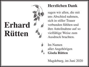 Traueranzeige von Erhard Rütten  von Magdeburger Volksstimme