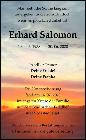 Traueranzeige von Erhard Salomon  von Magdeburger Volksstimme