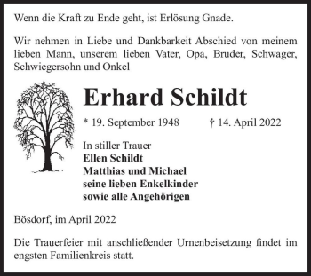 Traueranzeige von Erhard Schildt  von Magdeburger Volksstimme