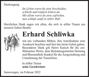 Traueranzeige von Erhard Schliwka  von Magdeburger Volksstimme