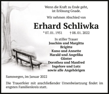 Traueranzeige von Erhard Schliwka  von Magdeburger Volksstimme