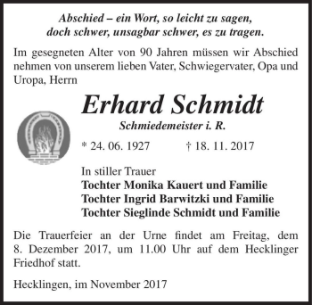 Traueranzeige von Erhard Schmidt  von Magdeburger Volksstimme