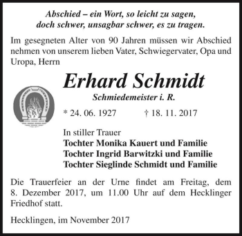 Traueranzeige von Erhard Schmidt  von Magdeburger Volksstimme