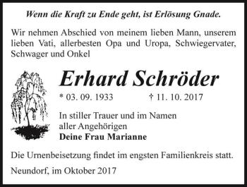 Traueranzeige von Erhard Schröder  von Magdeburger Volksstimme