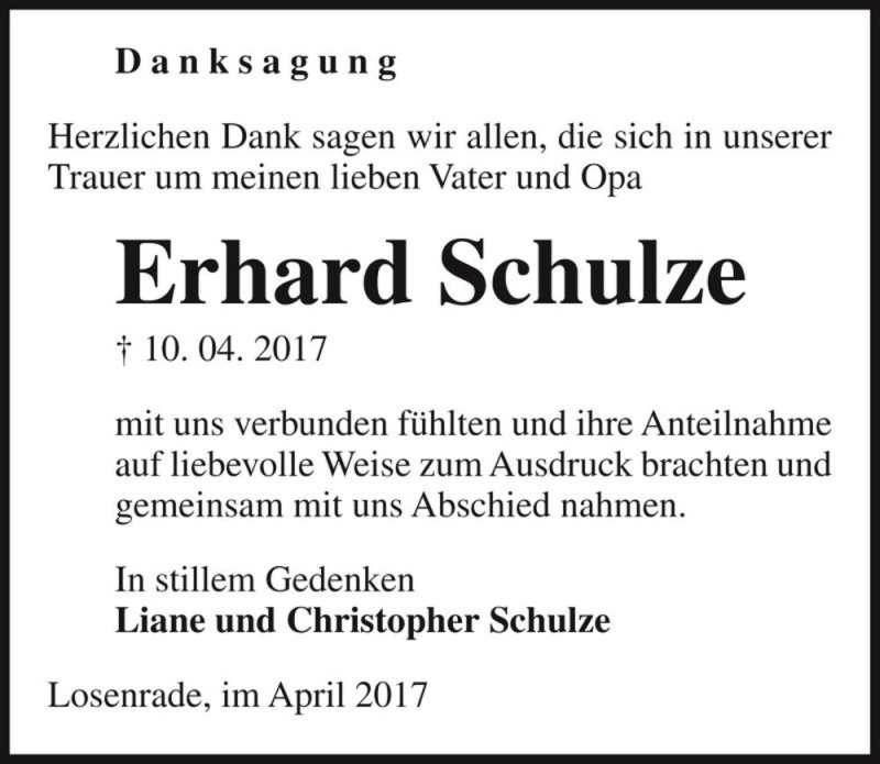  Traueranzeige für Erhard Schulze  vom 28.04.2017 aus Magdeburger Volksstimme