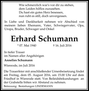 Traueranzeige von Erhard Schumann  von Magdeburger Volksstimme