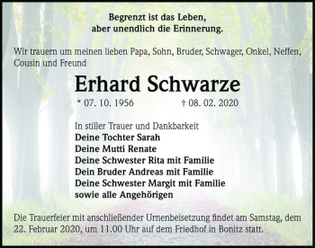 Traueranzeige von Erhard Schwarze  von Magdeburger Volksstimme