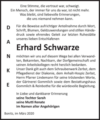 Traueranzeige von Erhard Schwarze  von Magdeburger Volksstimme