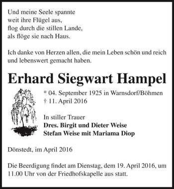 Traueranzeige von Erhard Siegwart Hampel  von Magdeburger Volksstimme